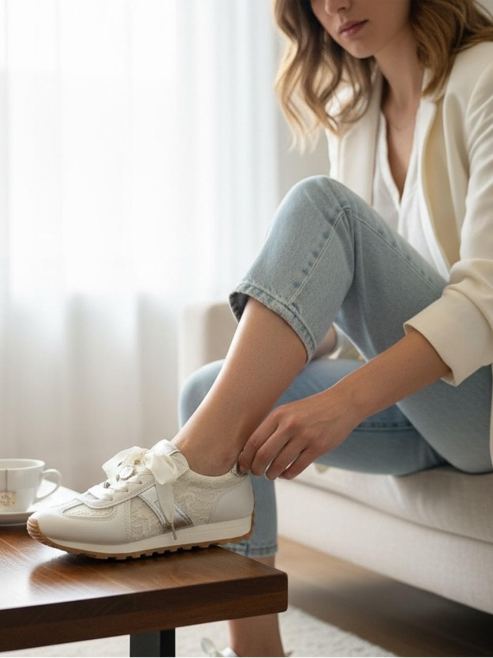 Lace Ribbon Detail Women’s White Sneakers